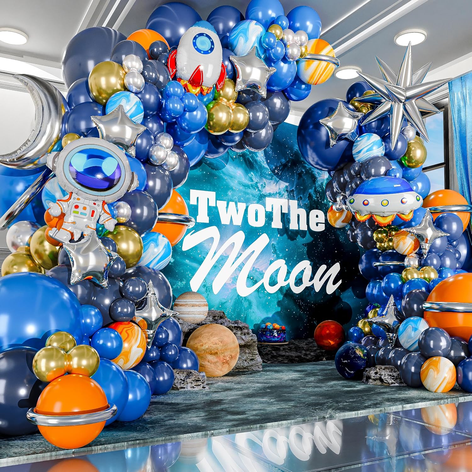 우주 공간 달로 가는 파란색 주황색 회색 우주비행사 로 - Balloon Arch Kit 리뷰 및 가격